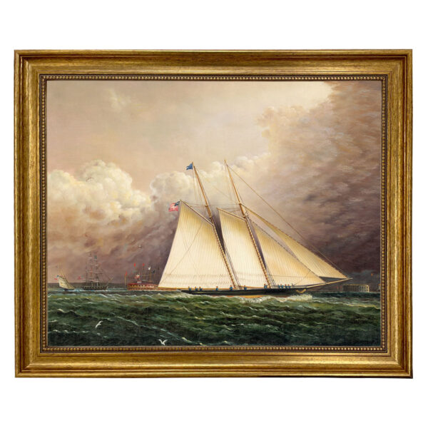 Nautical Early American America Off New York by Buttersworth Framed Oil Painting Print on Canvas in Antiqued Gold Frame
