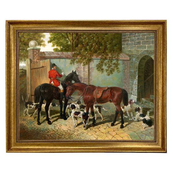 Equestrian/Fox Early American Preparing for the Hunt Framed Oil Painting Print on Canvas in Antiqued Gold Frame