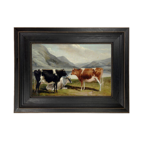 Farm/Pastoral Animals Three Cows Framed Oil Painting Print on Canvas in Distressed Black Wood Frame