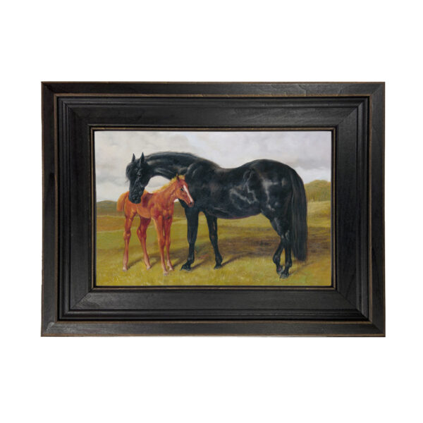 Equestrian/Fox Early American Mare and Foal in Landscape Framed Oil Painting Print on Canvas in Distressed Black Wood Frame