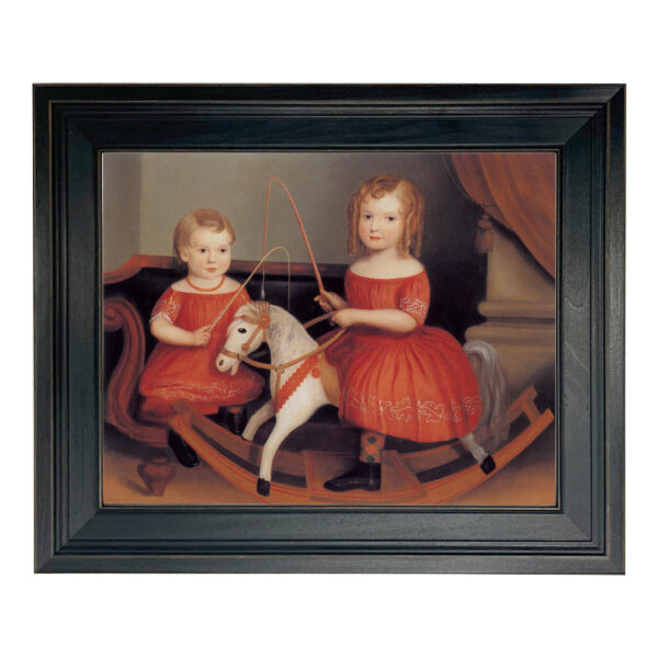 Painting Prints on Canvas Children Two Children in Red Dresses Framed Oil Painting Print on Canvas in Distressed Black Wood Frame