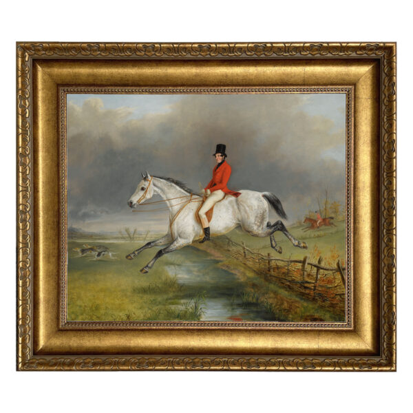Equestrian/Fox Equestrian Sir Arnold on Hunter Framed Oil Painting Print on Canvas in Wide Antiqued Gold Frame