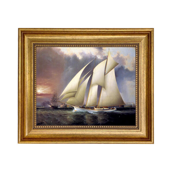 Nautical Early American Yacht Magic Framed Oil Painting Print on Canvas in Antiqued Gold Frame