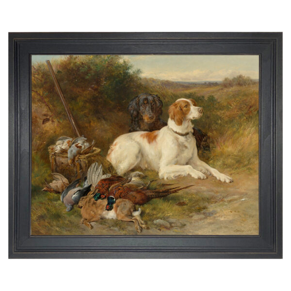 Cabin/Lodge Dogs Hunting Dogs Framed Oil Painting Print on Canvas in Distressed Black Wood Frame