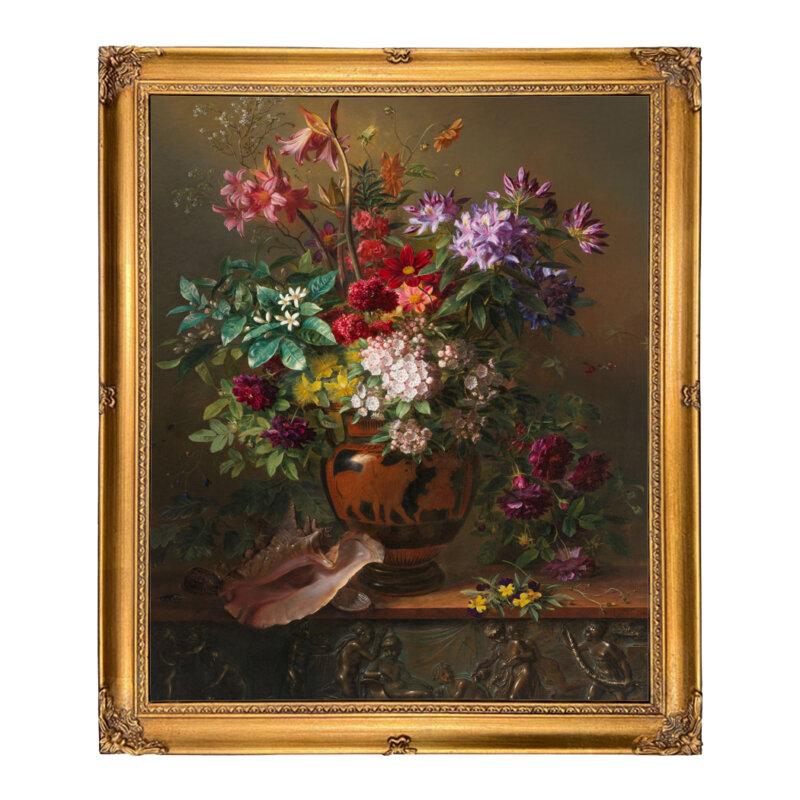 Dutch Floral Still Life Oil Painting Print on Canvas in Antiqued Gold Wood Frame A 16" x 20