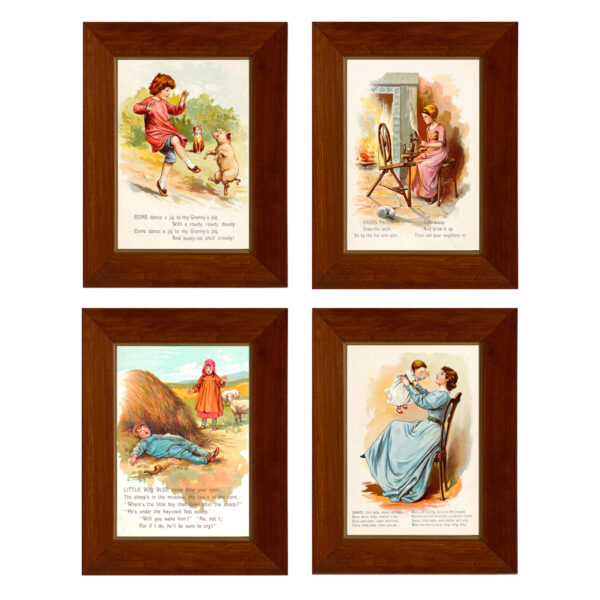 Easter Animals Framed Nursery Rhyme Vintage Children’s Book Illustration Prints Behind Glass- Set of 4