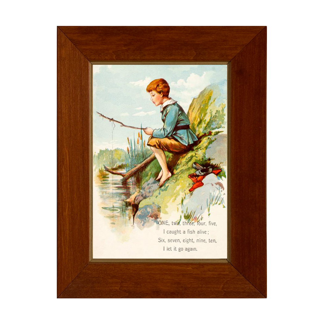 Boy Fishing Nursery Rhyme Vintage Children's Book Illustration Framed Print  Behind Glass