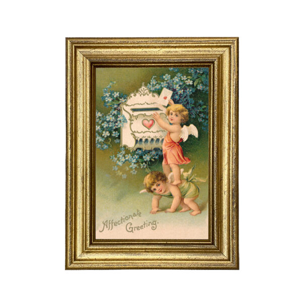 Prints Valentines Two Cherubs Affectionalte Greetings 4×6″ Antique Valentine’s Postcard Print Behind Glass in Gold Frame