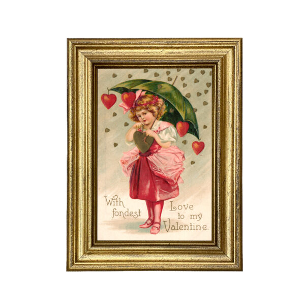 Prints Valentines Little Girl with Umbrella 4×6″ Antique Valentine’s Postcard Print Behind Glass in Gold Frame