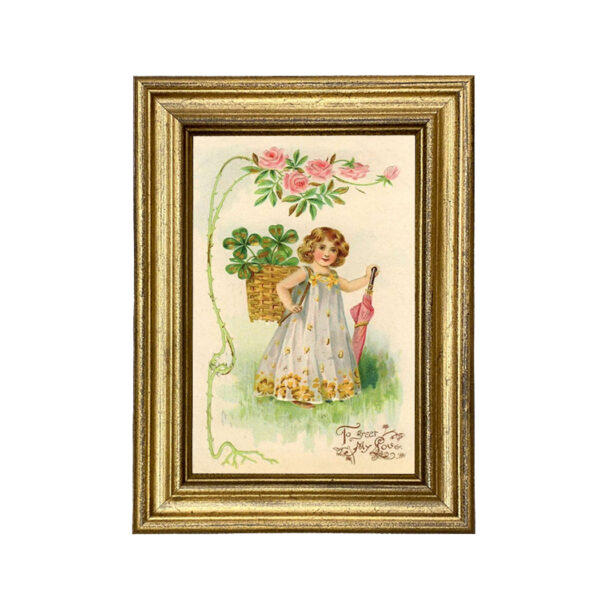 Prints Valentines Little Girl with Clover and Roses Vintage Valentine’s 4×6″ Postcard Print Behind Glass in Gold Frame