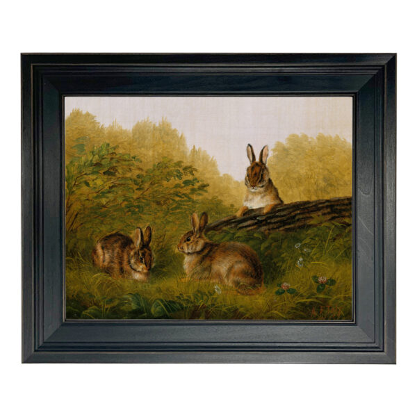 Farm/Pastoral Farm Bunnies in the Field Framed Oil Painting Print on Canvas in Distressed Black Wood Frame