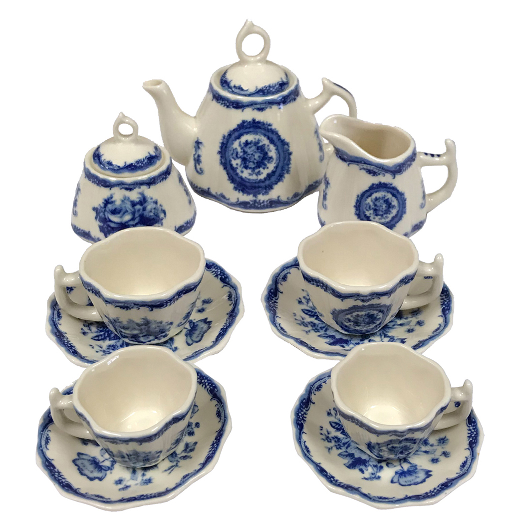 Mini 13-Piece Classic Floral Blue Transferware Porcelain Tea Set - Antique  Reproduction - Schooner Bay Company