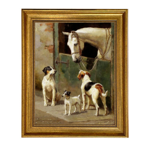 Dogs/Cats Dogs Dog and Horse at Stable Framed Oil Painting Print on Canvas in Antiqued Gold Frame