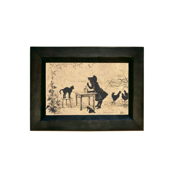 Farm/Pastoral Animals Girl with Cat and Hens Printed Silhouette in Black Frame. A 4″ x 6″ Framed to 5-1/2″ x 7-1/2″
