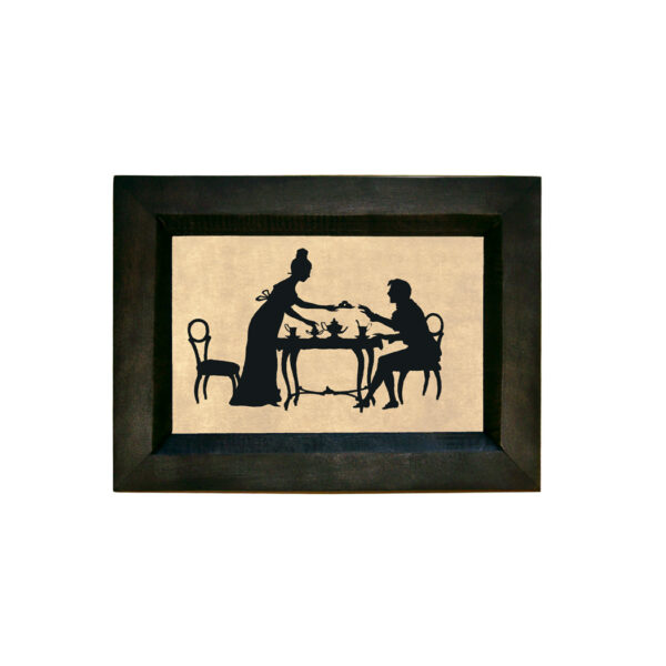 Early American Early American Couple’s Tea Printed Silhouette in Black Wood Frame- 5-1/2″ x 7-1/2″