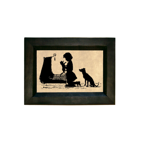 Early American Animals Bedtime for Cat Printed Silhouette in Black Frame. A 4 x 6″ Framed to 5-1/2 x 7-1/2″