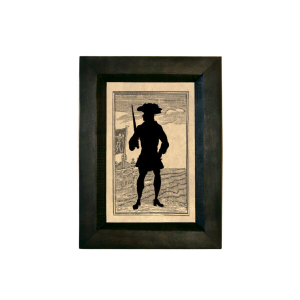 Framed Silhouette Nautical Pirate with Sword Silhouette Print Behind Glass in Black Distressed Solid Wood Frame. A 4 x 6″ Framed to 5-1/4 x 7-1/4″
