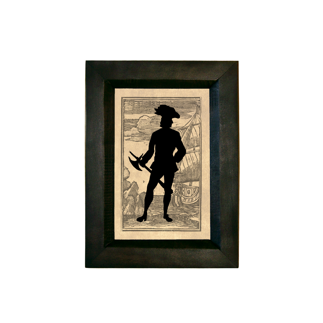Framed Silhouette Nautical Pirate with Axe Silhouette Print Behind Glass in Black Distressed Solid Wood Frame. A 4 x 6″ Framed to 5-1/4 x 7-1/4″