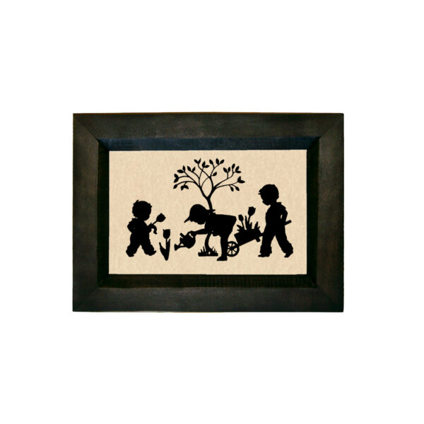 Early American Early American Children in Garden Printed Silhouette in Black Frame. A 4 x 6″ Framed to 5-1/2 x 7-1/2″