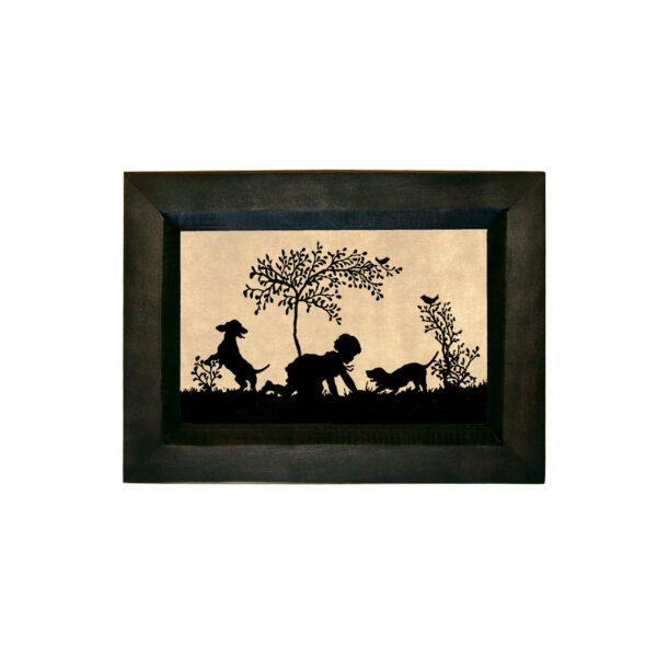 Early American Animals Child with Puppies Printed Silhouette in Black Frame. A 4 x 6″ Framed to 5-1/2 x 7-1/2″