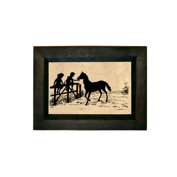 Farm/Pastoral Animals Pony with Children on Fence Printed Silhouette in Black Frame. A 4 x 6″ Framed to 5-1/2 x 7-1/2″