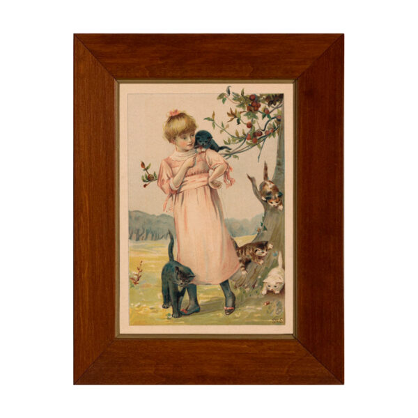 Prints Animals Young Girl with Pet Cats Vintage Children’s Book Illustration Framed Print Behind Glass in Brown Frame