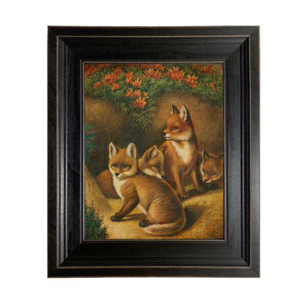 Equestrian/Fox Equestrian Four Young Foxes Framed Oil Painting Print on Canvas in Distressed Black Wood Frame