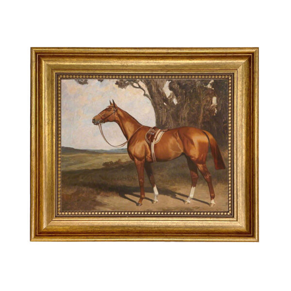 Equestrian/Fox Equestrian Saddled Chestnut Race Horse Framed Oil Painting Print on Canvas in Antiqued Gold Frame