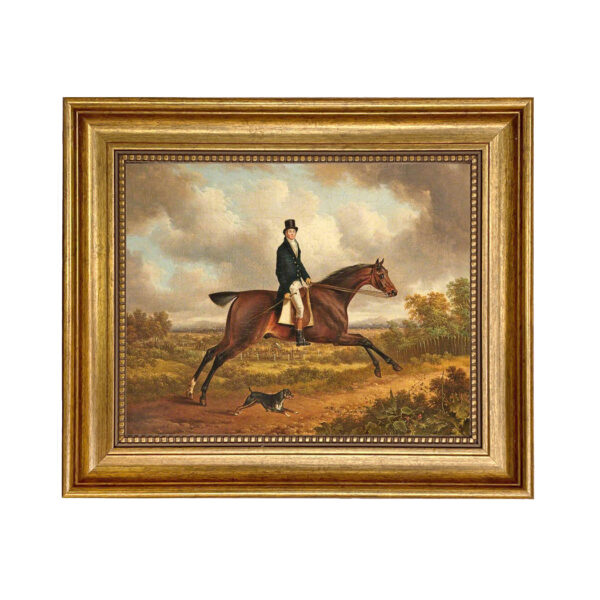 Equestrian/Fox Equestrian Down the Path Equestrian Fox Hunt Scene Oil Painting Print Reproduction on Canvas in Antiqued Gold Frame