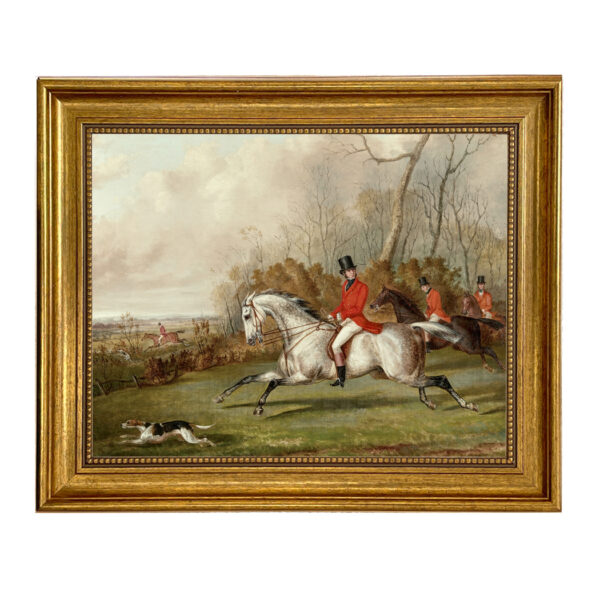 Equestrian/Fox Equestrian Talley Ho Fox Hunt Oil Painting Print on Canvas in Antiqued Gold Frame