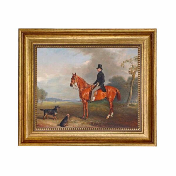 Equestrian/Fox Dogs Sir Montague Welby on a Chestnut Hunter with Terrier Framed Oil Painting Print on Canvas in Antiqued Gold Frame