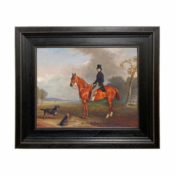 Equestrian/Fox Dogs Sir Montague Welby on a Chestnut Hunter with Terrier by John Ferneley Snr Framed Oil Painting Print on Canvas in Distressed Black Wood Frame. A 5″ x 6″ framed to 8-1/2″ x 9-1/2″.