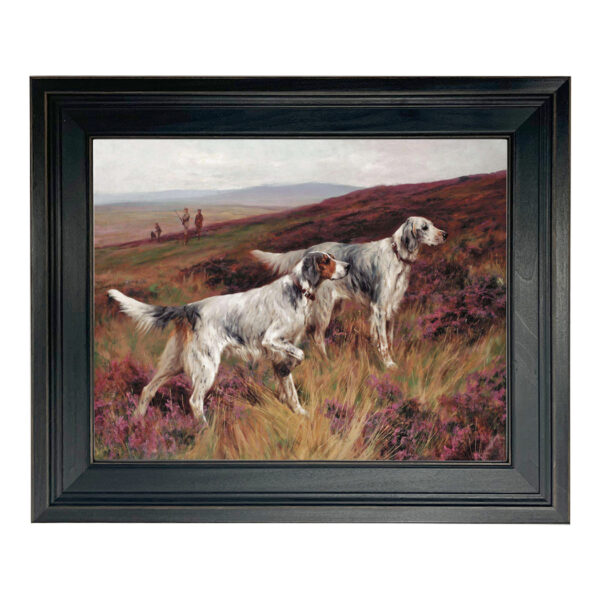Cabin/Lodge Bird hunting Two Setters on a Grouse by Arthur Wardle Framed Oil Painting Print on Canvas in Distressed Black Wood Frame