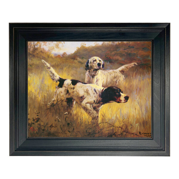 Cabin/Lodge Bird hunting English Setters Oil Painting Print on Canvas in Distressed Black Wood Frame