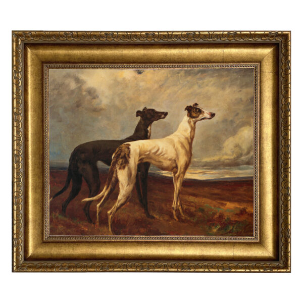Dogs/Cats Animals Greyhounds in Field Oil Painting Print on Canvas in Wide Antiqued Gold Frame