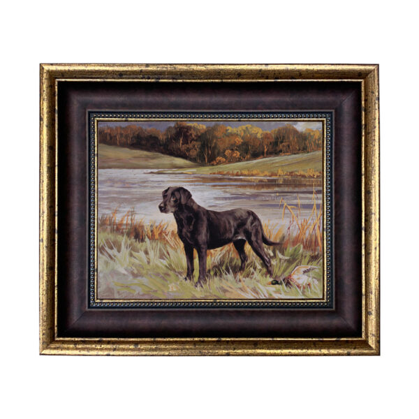 Cabin/Lodge Animals Labrador Retriever with Duck Oil Painting Print on Canvas in Wide Brown & Antiqued Gold Frame