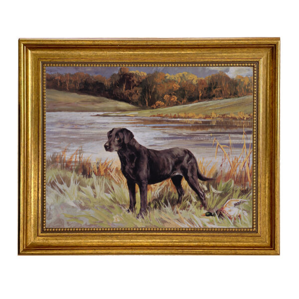 Cabin/Lodge Animals Labrador Retriever with Duck Oil Painting Print on Canvas in Antiqued Gold Frame