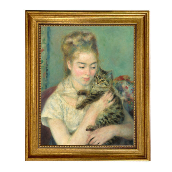 Dogs/Cats Animals Woman with Cat by Renoir Oil Painting Print on Canvas in Antiqued Gold Frame