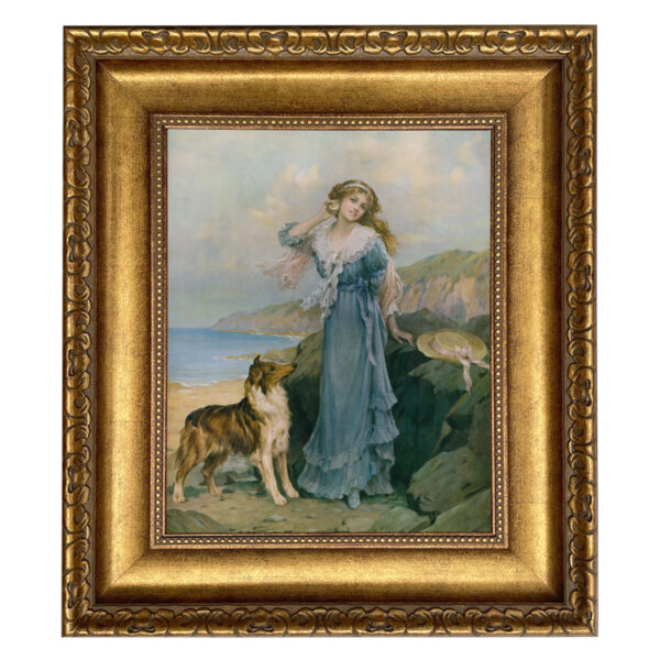 Nautical Animals By the Seaside Victorian Woman and Collie Oil Painting Print on Canvas in Wide Antiqued Gold Frame