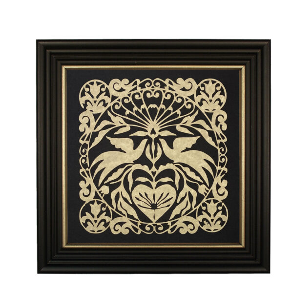 Scherenschnittes Botanical/Zoological 10” x 10” Birds and Tulips Scherenschnitte Paper Cutting in Solid Wood Black Frame with Gold Accent
