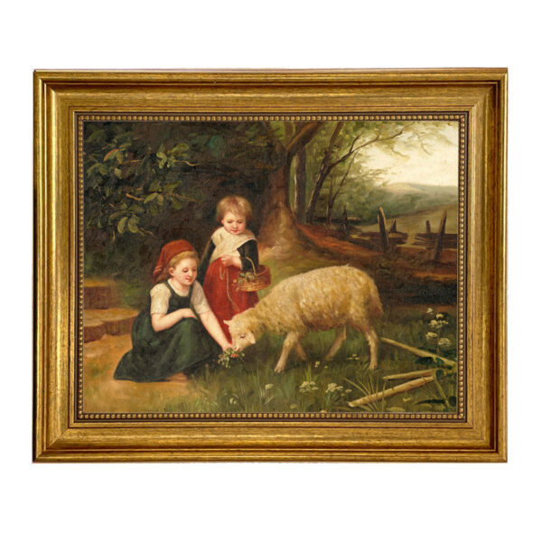 Farm/Pastoral Animals My Pet Lamb Framed Cottagecore Oil Painting Print on Canvas in Antiqued Gold Frame