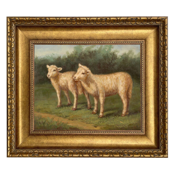 Farm/Pastoral Animals Lost Lambs Cottagecore Framed Oil Painting Print on Canvas in Wide Antiqued Gold Frame