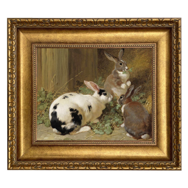 Farm/Pastoral Animals Three Rabbits Framed Oil Painting Print on Canvas in Wide Antiqued Gold Frame