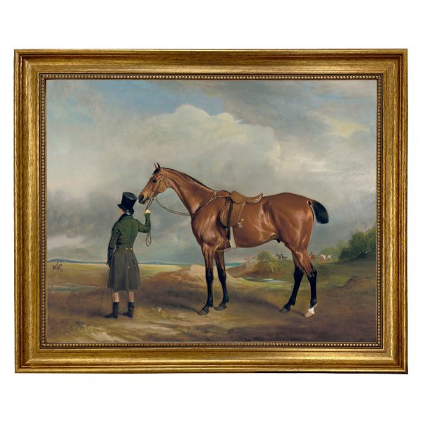 Equestrian/Fox Equestrian Horse and His Groomer Framed Oil Painting Print on Canvas in Antiqued Gold Frame