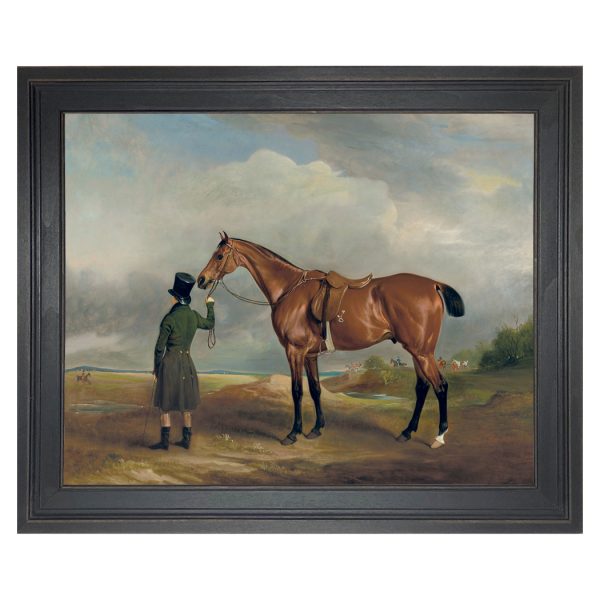 Equestrian/Fox Equestrian Horse and His Groomer Framed Oil Painting Print on Canvas in Distressed Black Frame