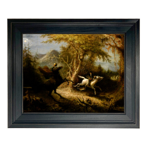 Equestrian/Fox Early American Headless Horseman Pursuing Ichabod Crane Oil Painting Print on Canvas in Distressed Black Wood Frame