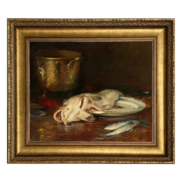 Painting Prints on Canvas Lodge English Cod Still Life Oil Painting Print on Canvas in Wide Antiqued Gold Frame