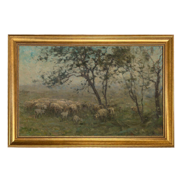 Farm/Pastoral Farm Flock of Sheep Landscape Oil Painting Print on Canvas in Antiqued Gold Frame