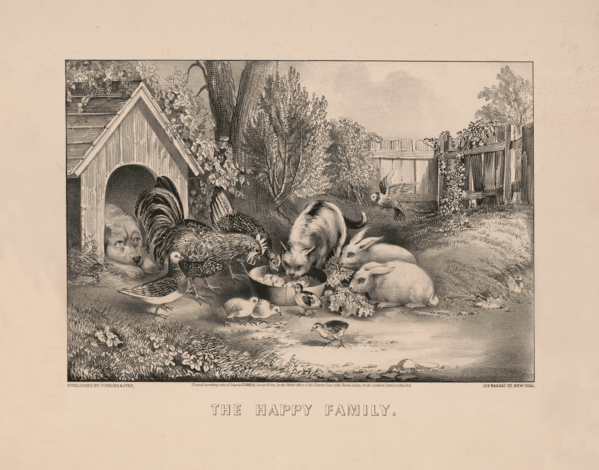 Prints Barnyard The Happy Family Farm Animals Vintage Currier & Ives Print Reproduction Framed Behind Glass