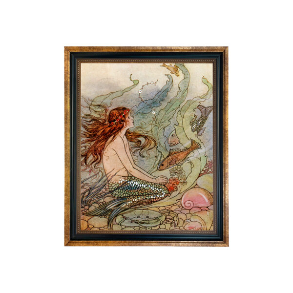 Nautical Nautical Mermaid Wishes Framed Art Deco Print Behind Glass in Gold and Black Frame